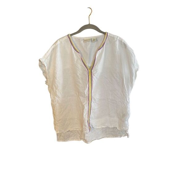 Rachel, Zoe, 100% linen, white multicolored boxy top/Blouse S/M - Picture 1 of 4